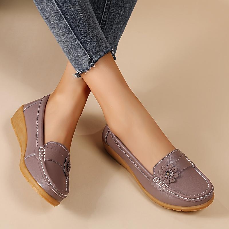 Women's Flower Decor Flat Loafers, Casual Solid Color Slip On Shoes, Lightweight & Comfortable Shoes