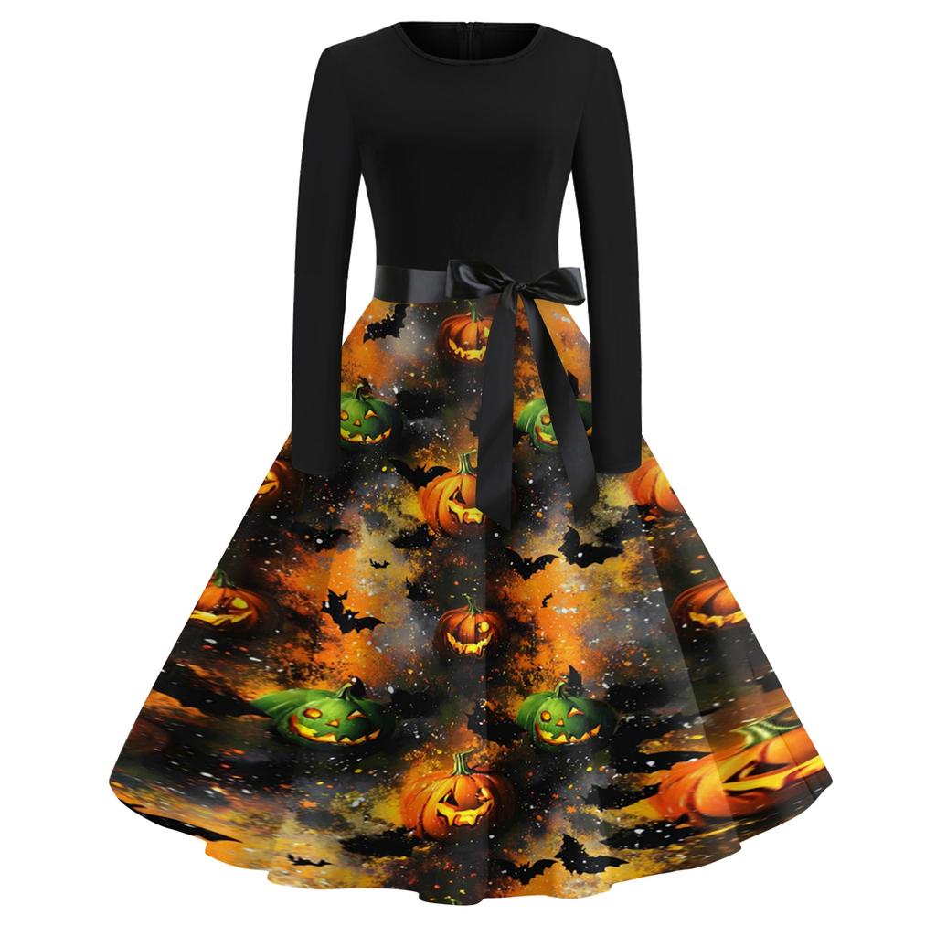 Vintage Dress for Women Retro Halloween Dress with Pumpkin Skull Print Long Sleeve Western Dress for Women Boho Maxi Dress