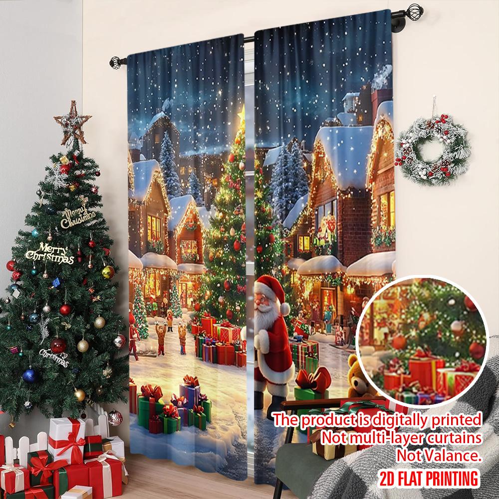 Set Of 2 Flat Printing Christmas Curtain Village Versatile Durable Polyester Without Electricity Festive Holiday Use