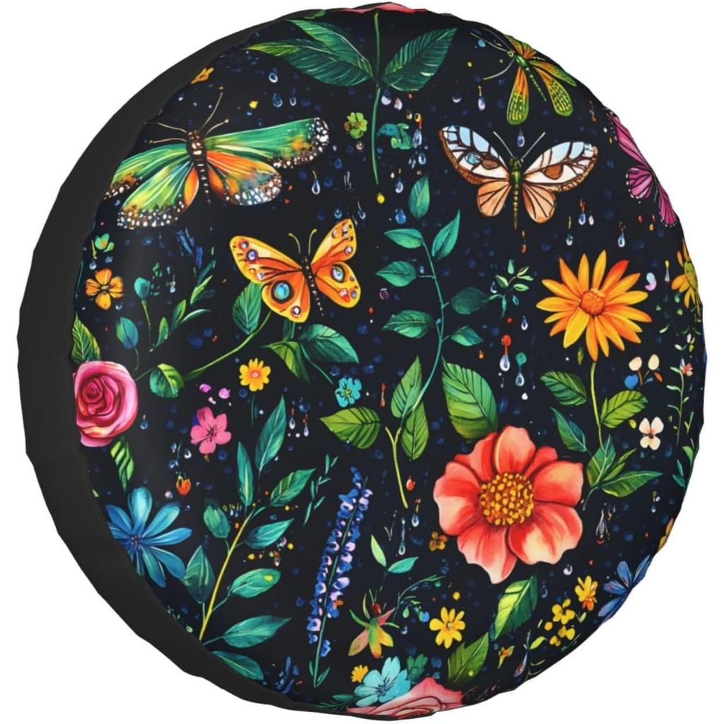 Butterfly Garden Tire Cover Watercolor Floral Design Dust-Proof Spare Wheel Protector for SUV Trailer RV