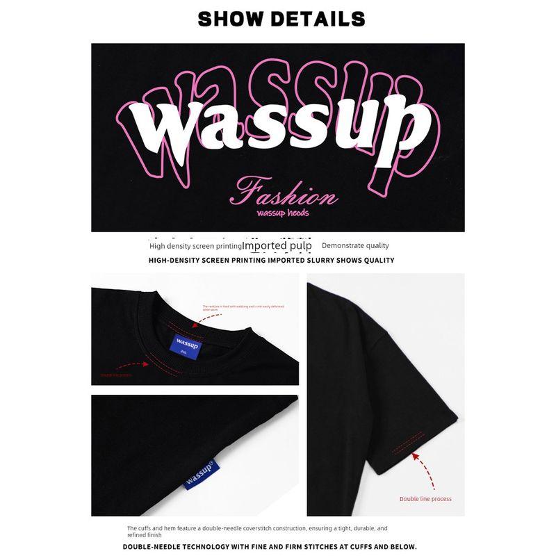 Wassup American Letter T-Shirt Short-Sleeved Men's Summer 2025 New Trendy Tee Couple Round Neck T-Shirt Top