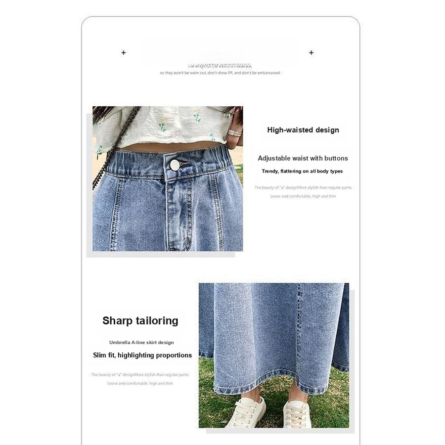 New Women's Long Skirt, Spring/Autumn Denim A-Line Pleated High Waist Slimming Umbrella Skirt