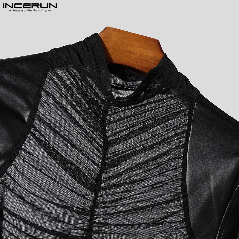 INCERUN Herren Langarm PU Leder Patchwork Durchsichtige Tops Mesh Transparente T-Shirts