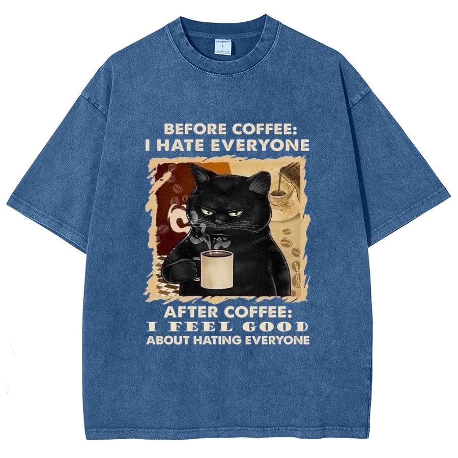 

Черная футболка унисекс с принтом «Счастливый кот пьет кофе», свободная, большого размера, с коротким рукавом, американская винтажная, уличная 3XL