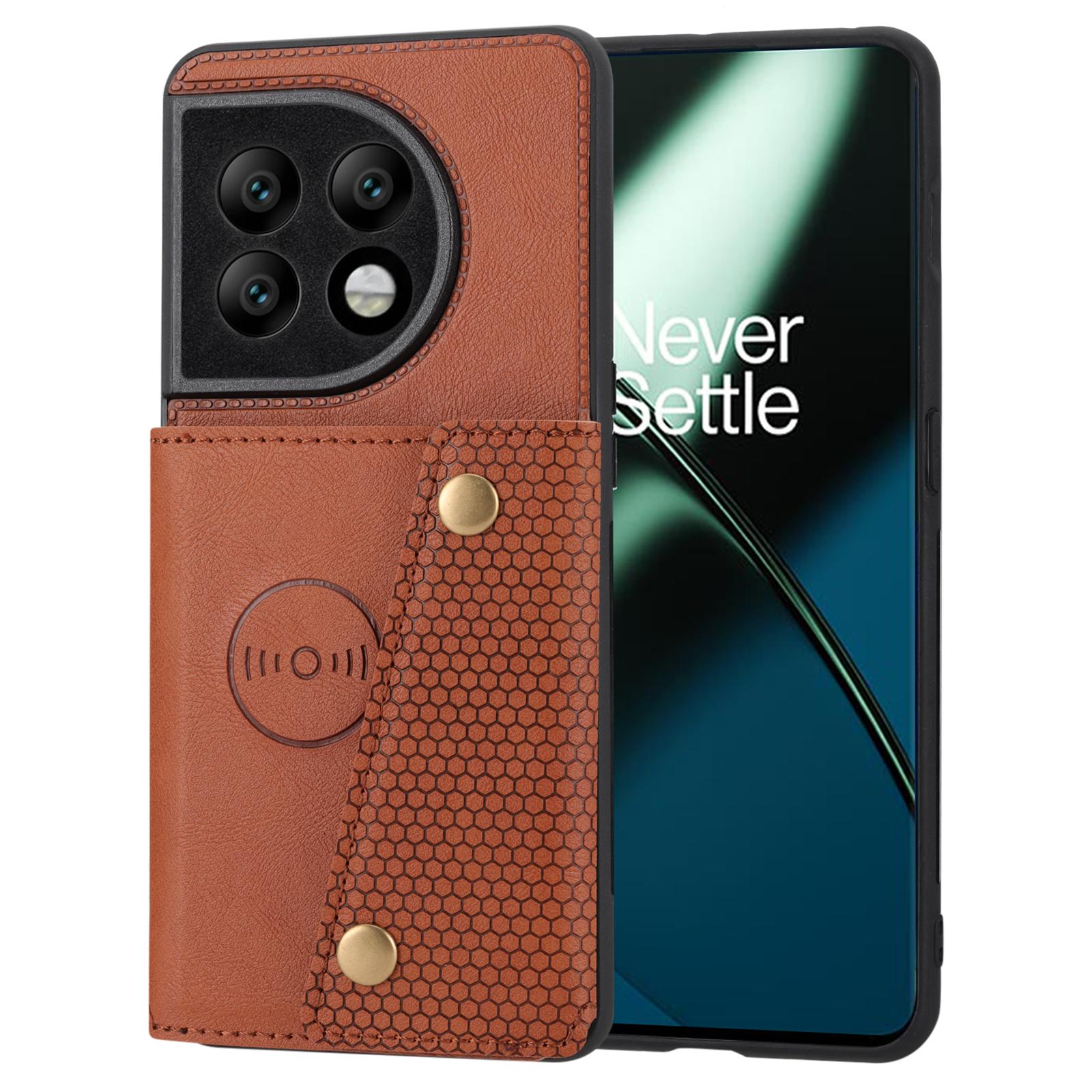 

For OnePlus 11 5G Card Holder Phone Case PU Leather Coated TPU Kickstand Case with Car Mount Metal Sheet Light Brown