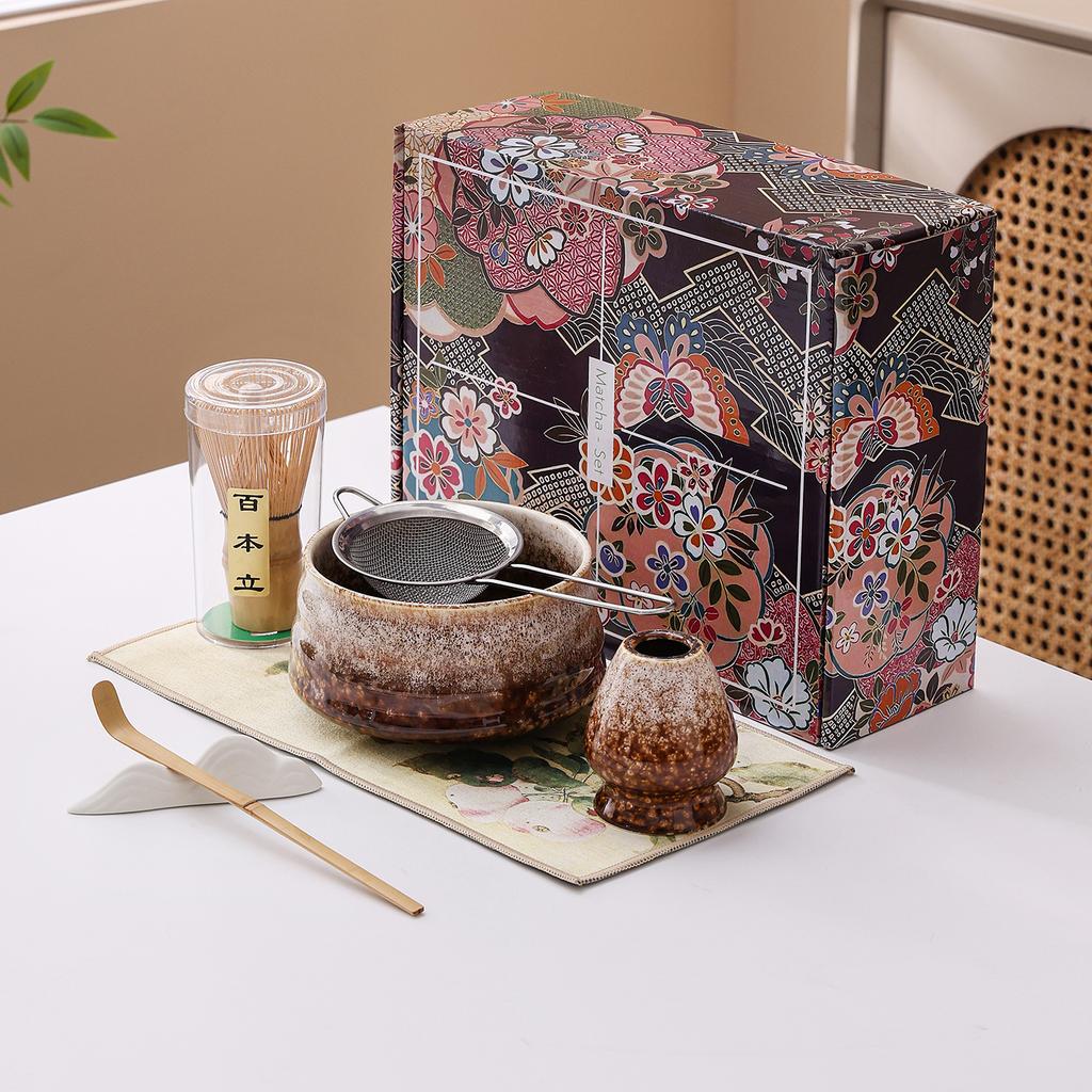 Japanese Matcha Tea Set Ceramic Chawan Bowl Whisk Holder Scoop Spoon Sieve Gift Traditional Tea Ceremony Kit for Home Restaurant