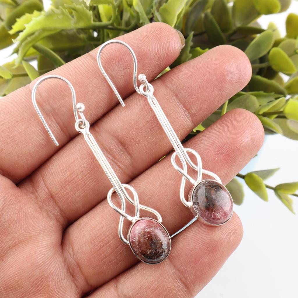 Black Rhodonite Gemstone Jewelry, 925 Solid Sterling Silver Earring,  Handmade Gorgeous Silver Boho Earrings For Wedding Gift