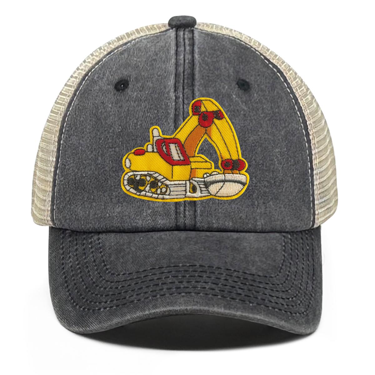 Cartoon Excavator Embroidery Mesh Cap Snapback Trucker Hat Caps For Man Washed Cotton Unisex Adjustable Mesh Cap