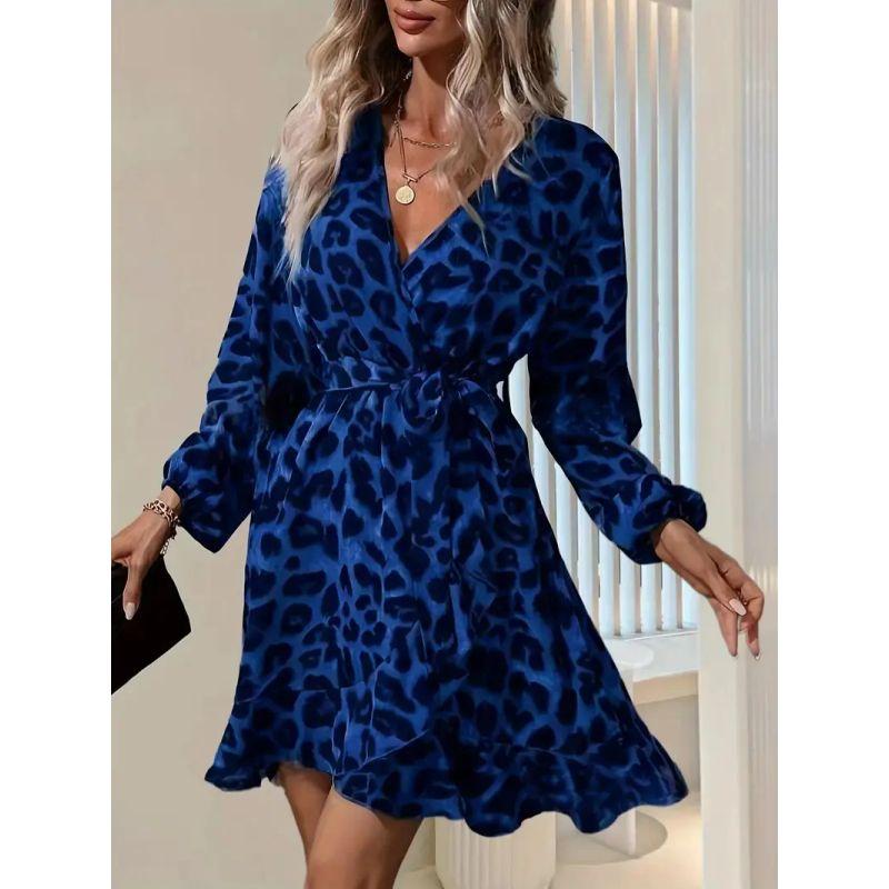 

European and American Leopard Print V-neck High Waist Irregular Women s Dress Vacation Short dress Irregular Women s Dress Royal Blue M