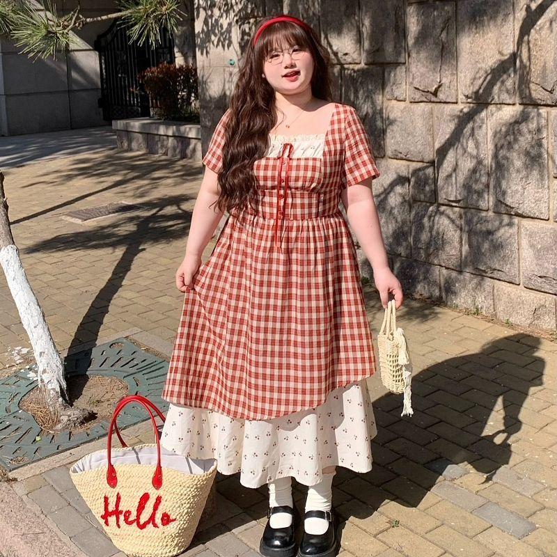 Large Size College Style French Sweet Temperament Fake Two-piece Dress Women's Summer Slim and Thin Plaid Dress