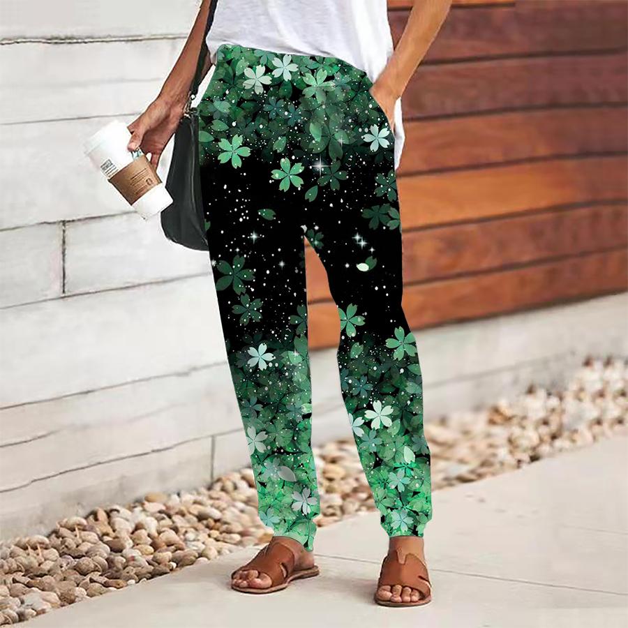 Women Flower Printing Pants Lace Up Elastic Waist Loose  Trousers Casual Long Pants Trousers with Pockets