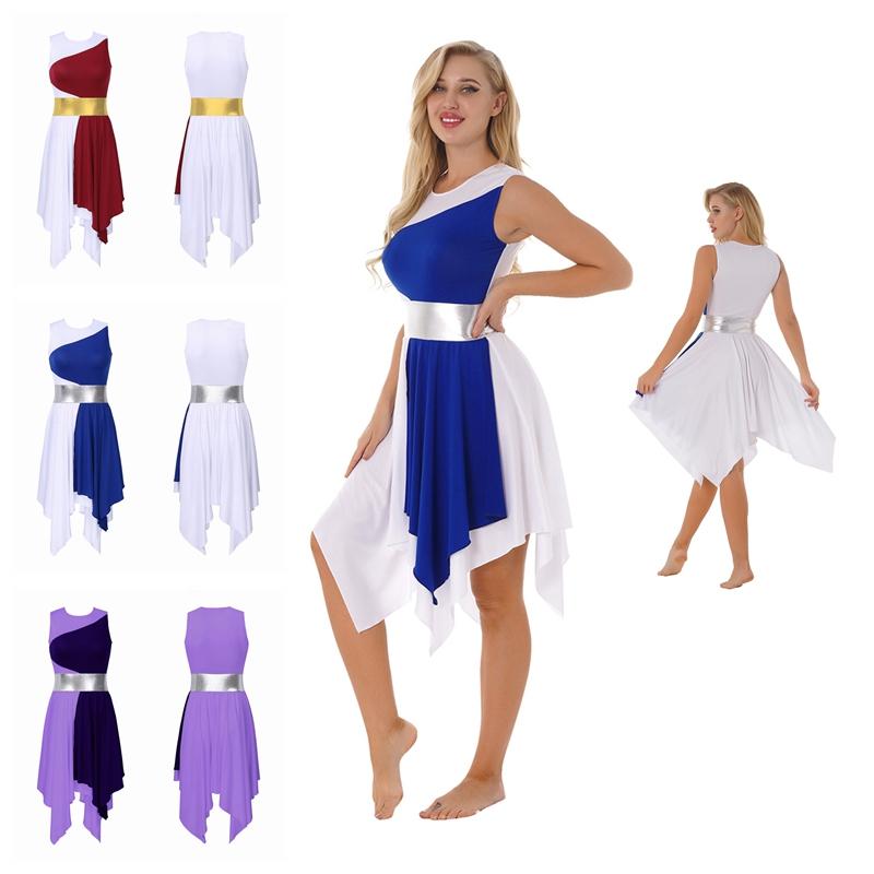 Womens Stage Performance Dress Sleeveless Color Block Gown with Unique Hem Detail Round Neckline for Formal Dance Events
