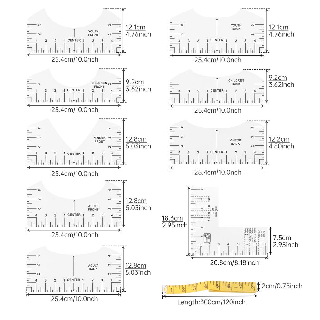 10 Pcs Vinyl Alignment Ruler Set Heat Press Logo Placement PVC Acrylic Guides T-shirt Craft Sewing Tool Kit