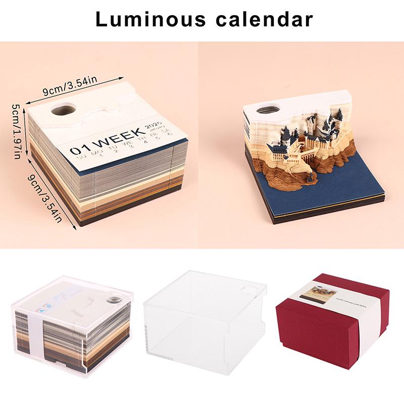Time Piece Calendar 2026 Desk Calendar With Led Light 3D Tear-Away Calendar Paper Carving Art Memo Pad Notepad Gift Christmas