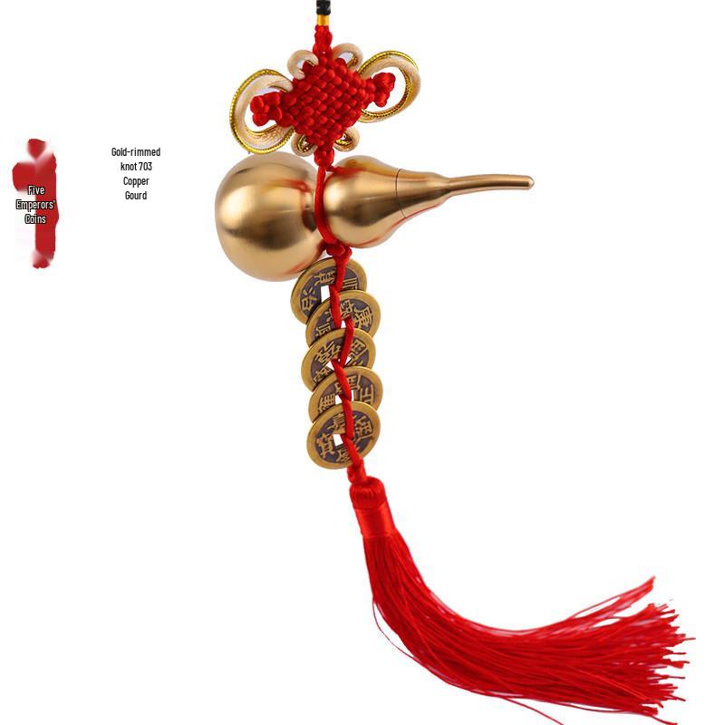 Fu Lu Men Shen Five Emperors Coins Pendant with Chinese Knot and Peach Wood Gourd - Antique Home Decor Solution for Door Alignment.