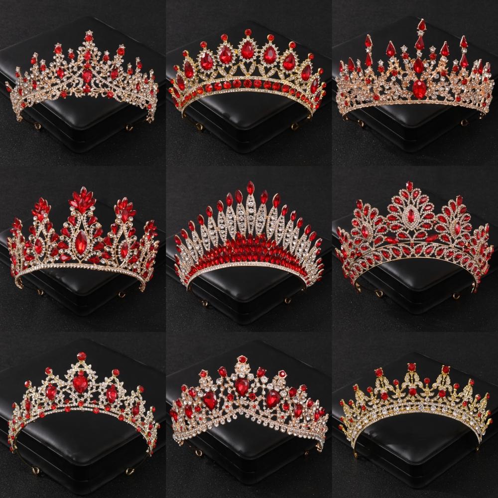 Baroque Red Crystal Tiaras and Crowns Prom Rhinestone Bridal Diadem Crown Taira for Women Wedding Hair Accessories Jewelry Crown