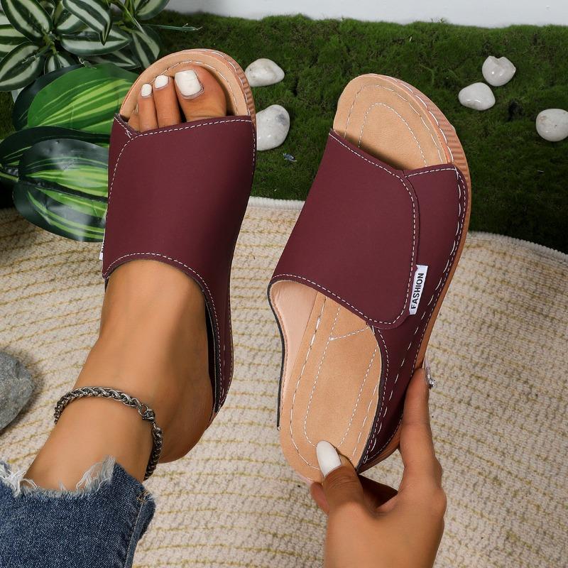 Large size slope heel casual slippers women's shoes summer new wide strip simple fashion fish mouth slippers women