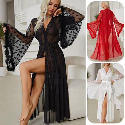 Camisola Sexy de Renda Sedução Lingerie Cardigã Pijama Roupão de Banho Vestido de Casa