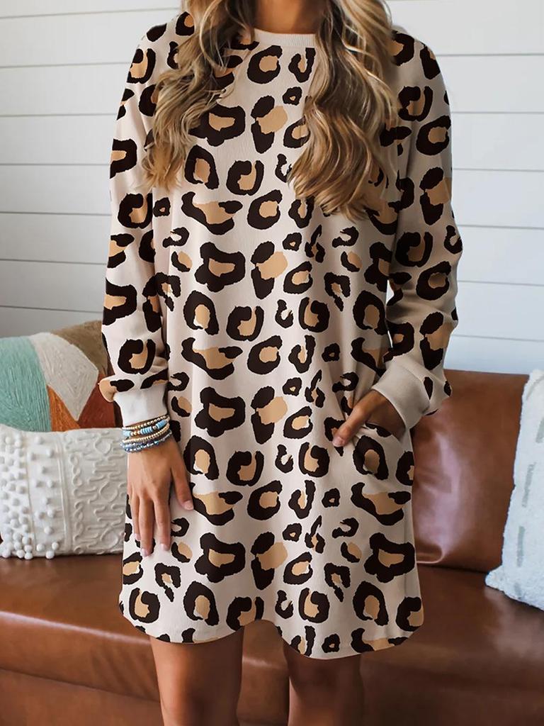 2025 Winter European & American Leopard Print Loose Casual Long Sleeve Dress with Pockets