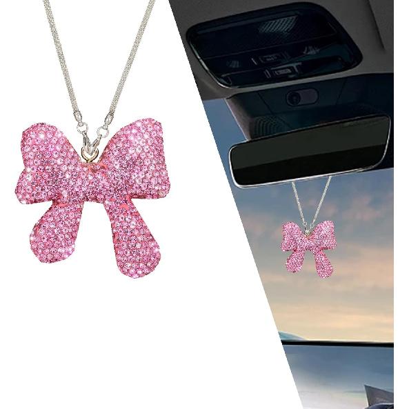Bling Car Rearview Mirror Hanging Ornament, Charming Elegant Rearview Mirror Pendant Decoration, Sparkling Rhinestone Bow Vehicle Interior Accessory, 1 PC розовый