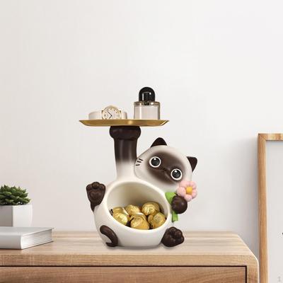 Resin Cat Statue Candy Dish Entrance Key Holder Modern Funny Storage Tray Animal Sculpture for Hotel