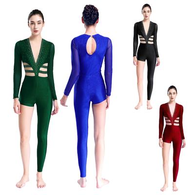Combinaison Longue en Maille Transparente pour Femme Coupe Asymétrique Dos avec Ouverture Strass Bodysuit de Gymnastique