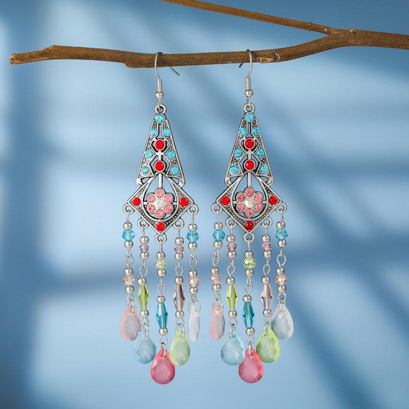 New Bohemian Rhinestone Water Drop Earrings for Women Ethnic Long Crystal Tassel Earring Party Vacation Jewelry