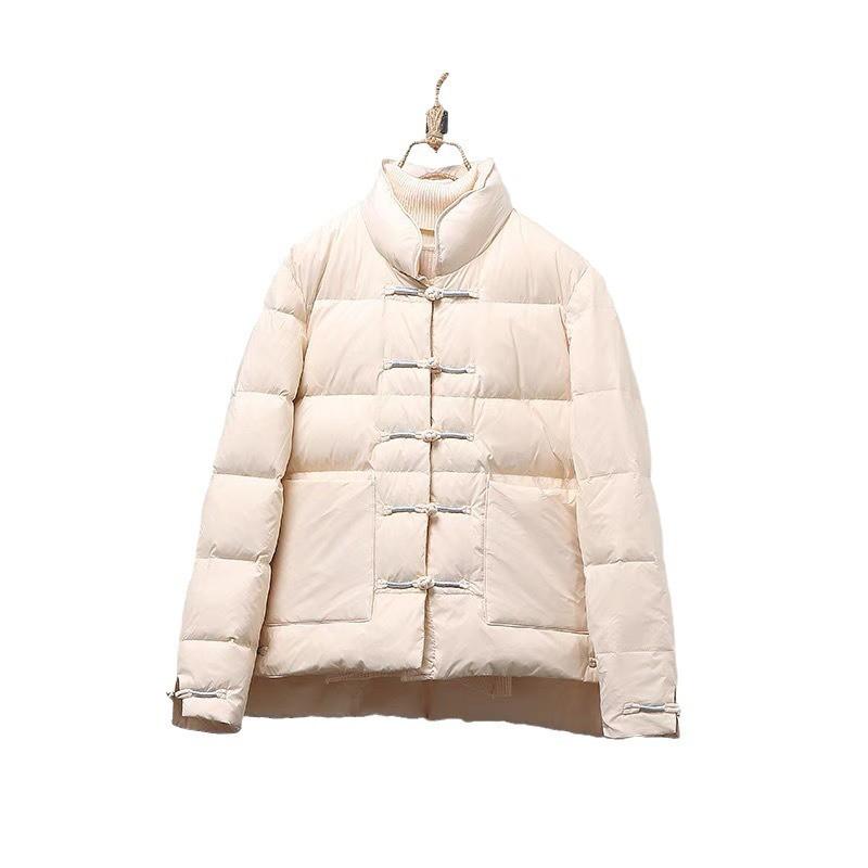 Womens Lightweight Down Jacket With Chinese Knot Buttons Loose Fit Stand Collar Parka