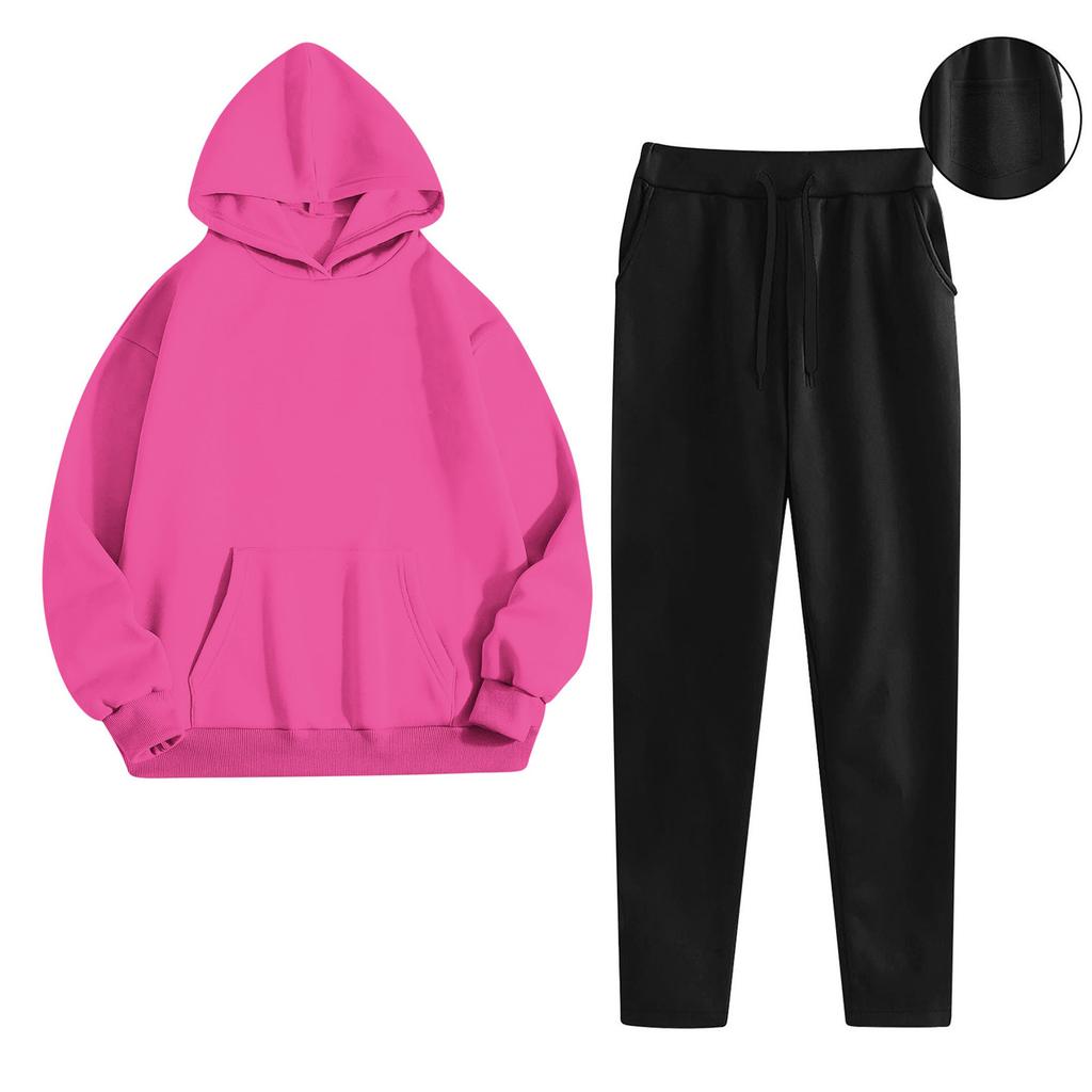 Women's Fashionable Relaxed-Fit Hooded Sweatshirt With Pockets And Fleece-Lined Trousers Set