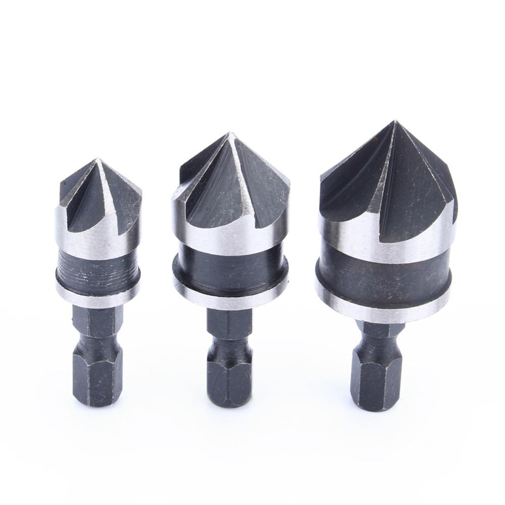 3pcs 1/4 Inch Hex Shank Countersink Bore Set 5 Flute Countersink Bits Woodworking