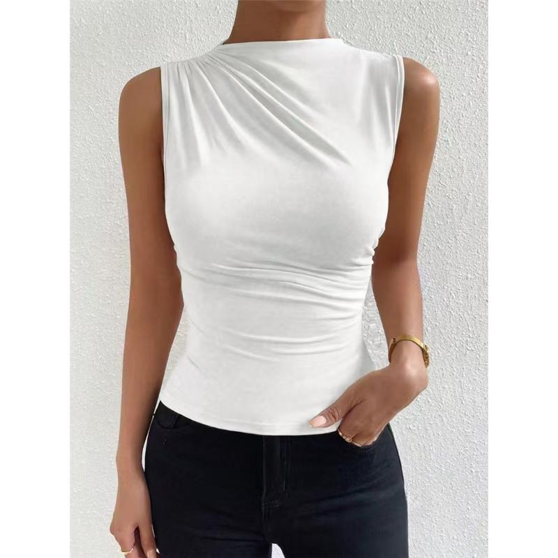 Damen Frühling Sommer Neu, Modischer Vielseitiger Einfarbiger Ärmelloser Pullover mit Falten, Hemd mit Halbtunnelkragen