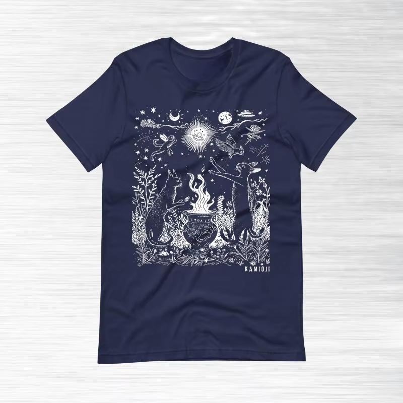 Celestial Cat Tshirt, Trippy Witch Shirt, Retro Dark Cottagecore Aesthetic T-shirt, Abstract Folk Art, Weirdcore Goth Clothing,