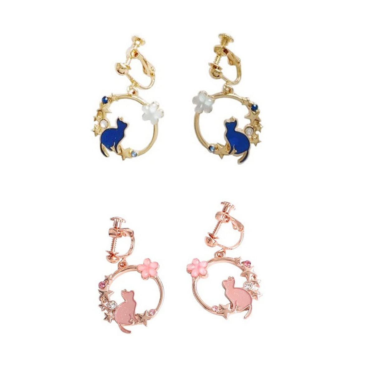 

Feel Gold Cute Cat Gift Blue Pink Cat Earrings Women s (Earrings & Set)