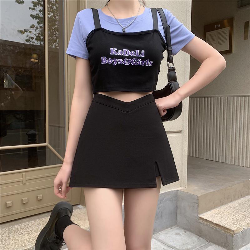 Dameshorts Skjørt Mini Høy Midje Sommer Jenter Ensfarget Vintage Skjørt Plissert Sexy Splitt A-linje Harajuku Skjørt Y2k