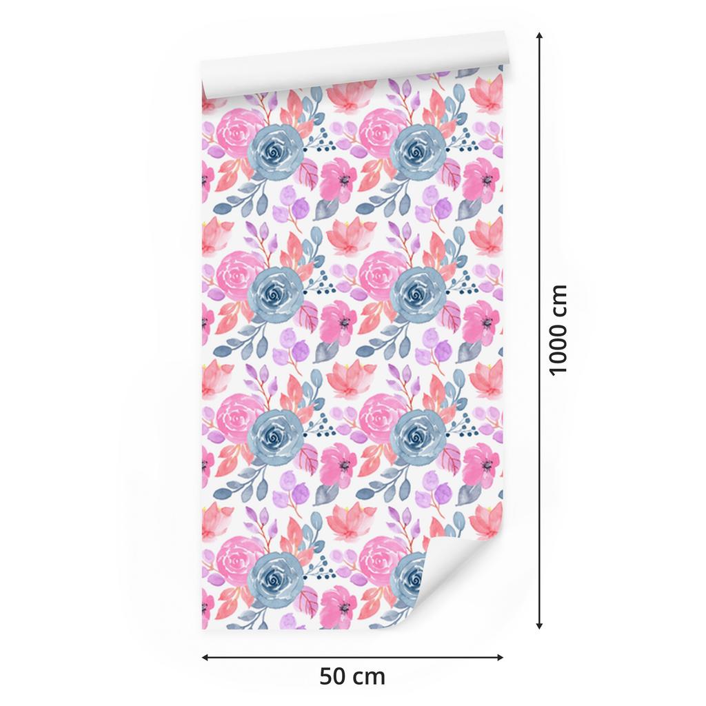 Wallpaper Flowers white, powder pink, coral and blue 50x1000