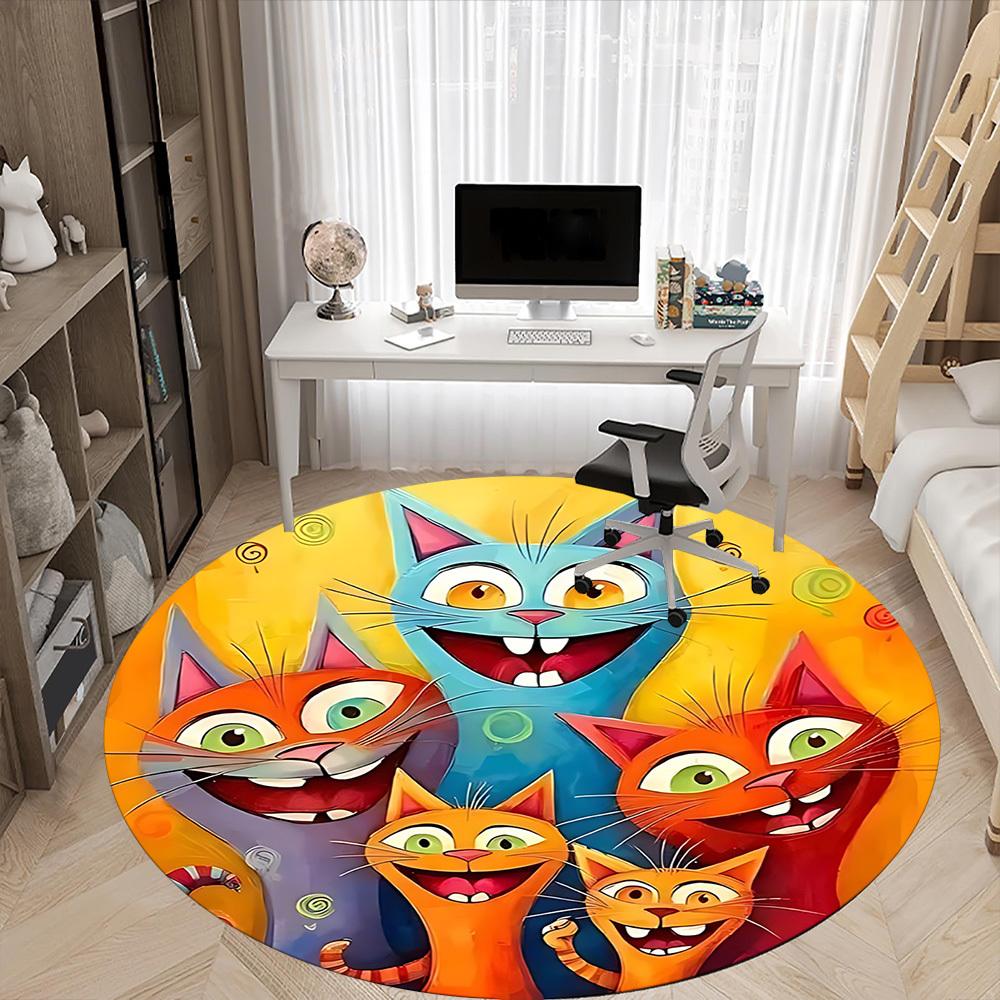 1PC Cat Family Office Round Area Rug, Mat Suitable ForOffice, Under Office Chairs Bedroom Living Room Home Decor, Room Deco