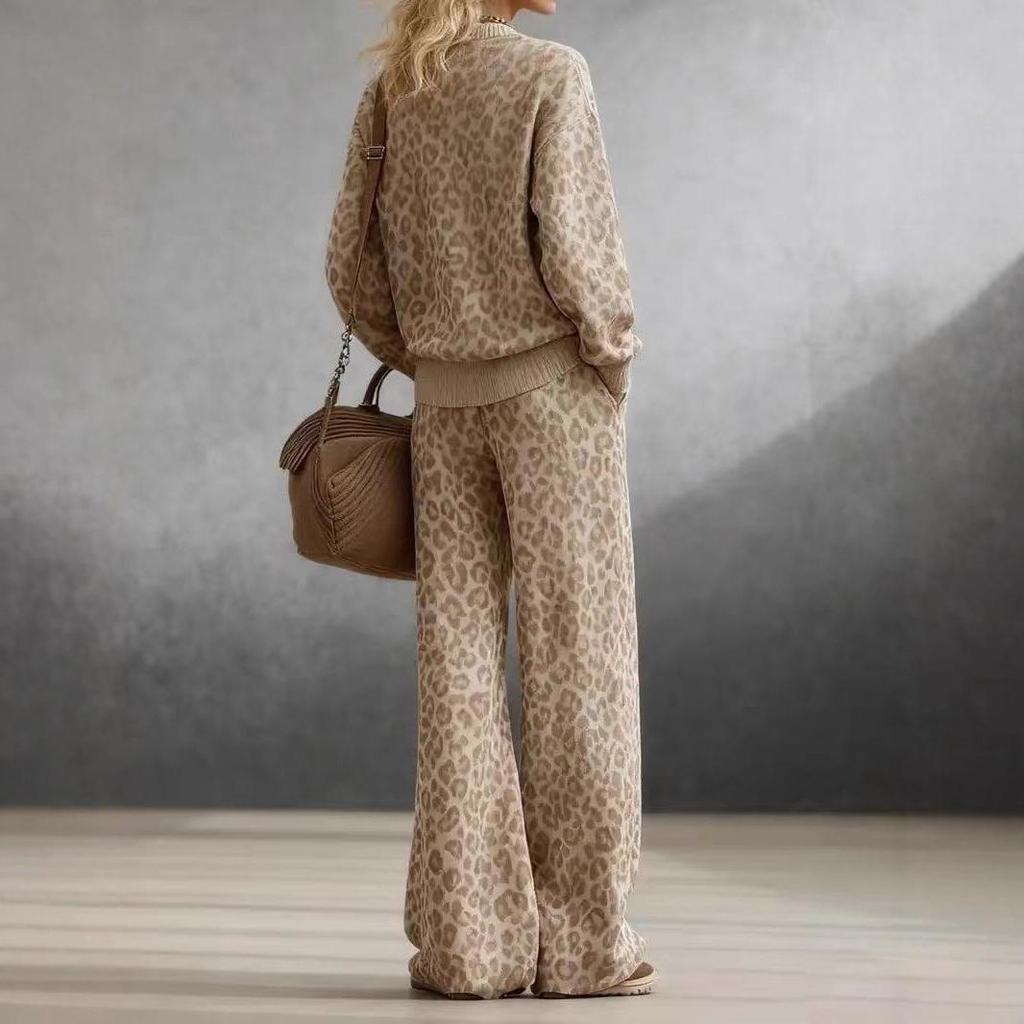Europäischer & Amerikanischer Damen Leichter Brauner Leopardendruck Schlank Geschnittener Retro Anzug - Langärmliges Oberteil & Hose