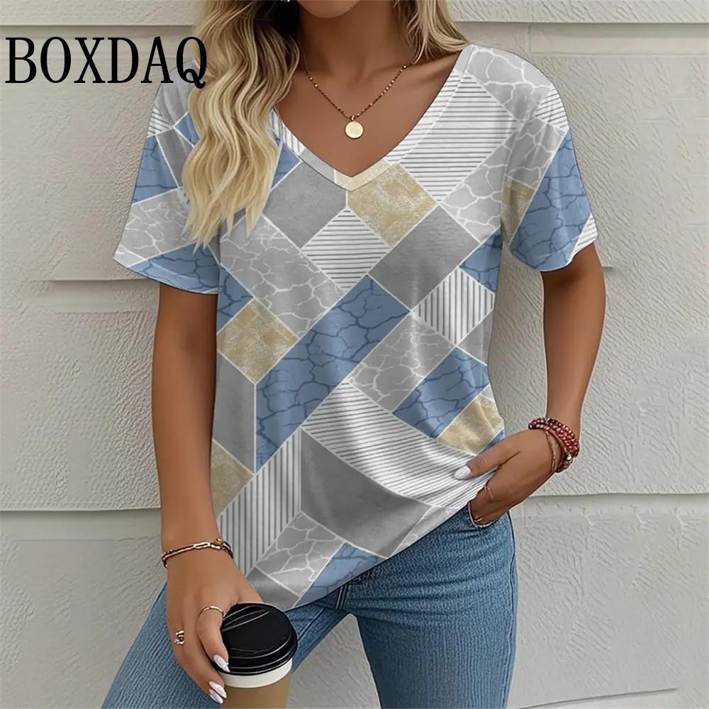 Summer Women Plaid Pattern Print T Shirt Fashion Casual Loose Short Sleeve Tops Plus Size V-Neck Women's Tees Shirts 5XL
