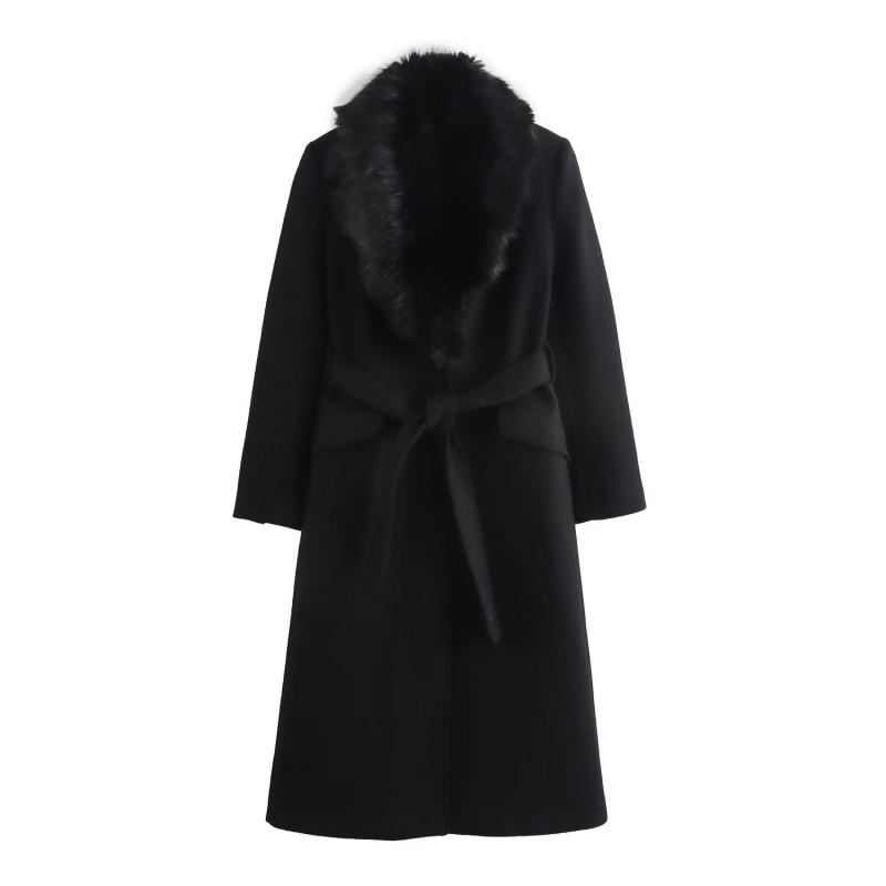 Womens Wool Blend Coat Faux Fur Collar Tied Waist Thick Fall Winter Outerwear