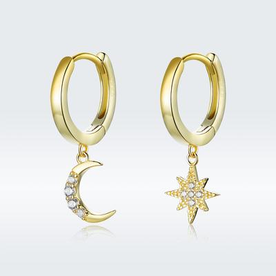 S925 Star Moon Earrings Temperament 925 Sterling Silver Anti-allergy Gold Plated Drop Earring