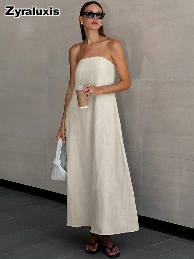 French Beige Cotton Linen Halter Ruffled High Waist Dress Summer New Long Skirt Women