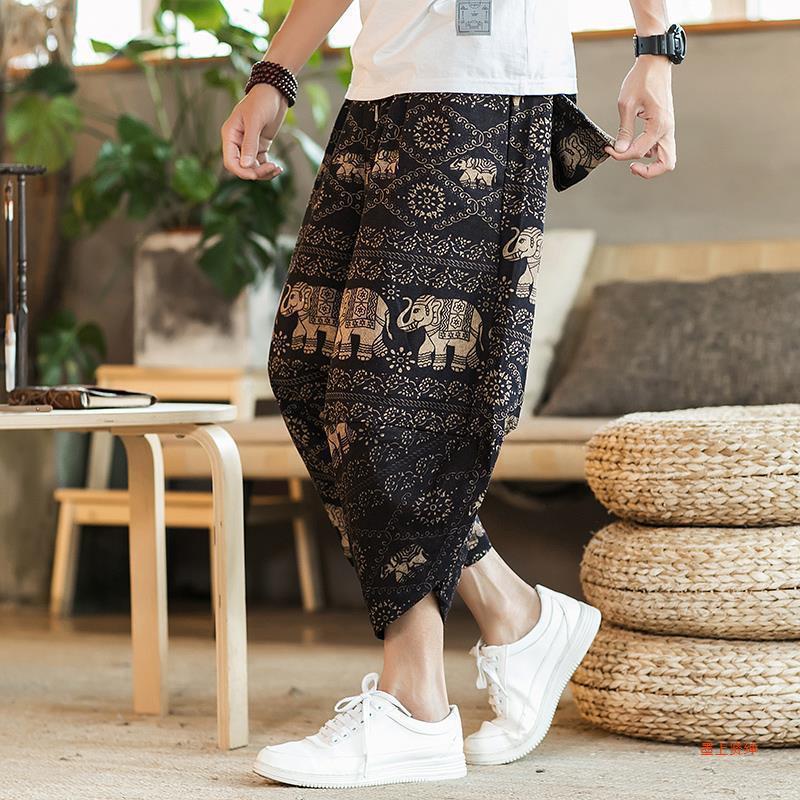 Men's Loose Linen Beach Pants, Wide-Leg 7-Point Harem, Casual Thai-Style Cotton Blend