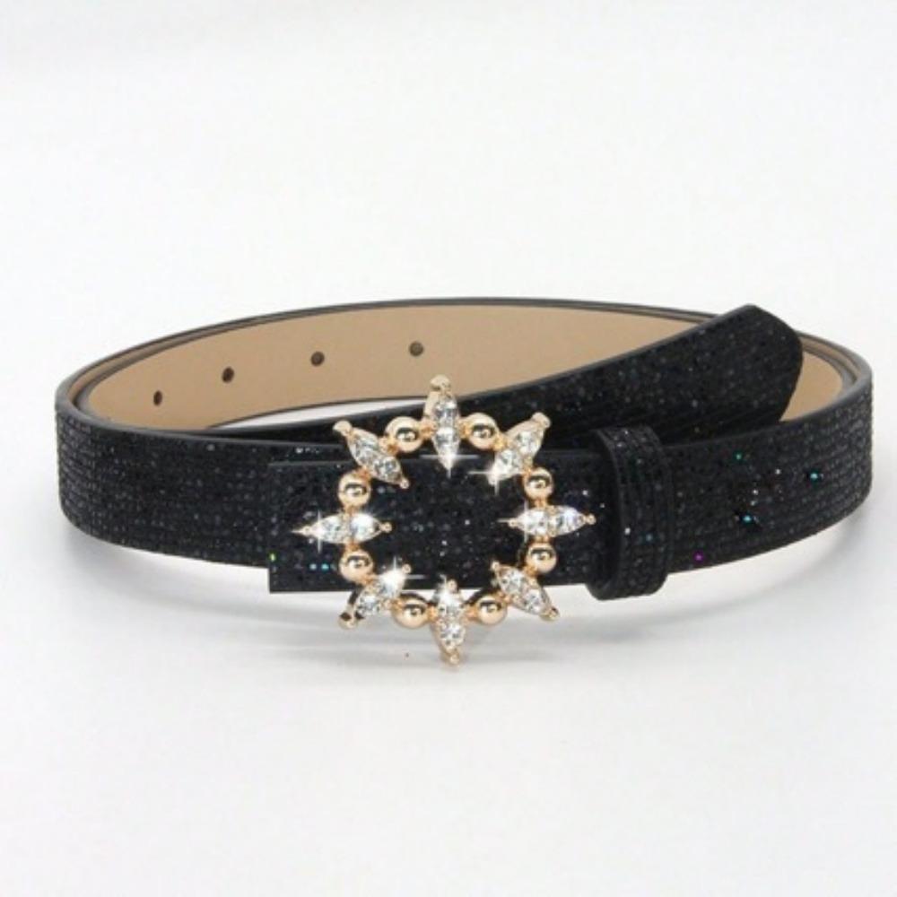 Fashion Bling Bling Sparkling Rhinestone Belt Versatile Luxury Brand Design Slide Buckle Belt Glitter PU Leather Belt Women