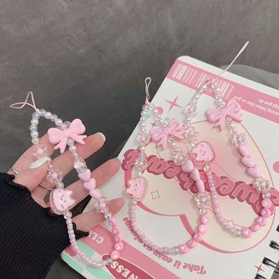 Candy Colored Butterfly Bow Phone Chain Cartoon Portable Phone Wrist Strap Gift Anti-loss Beaded Phone Charm Phone Accessories