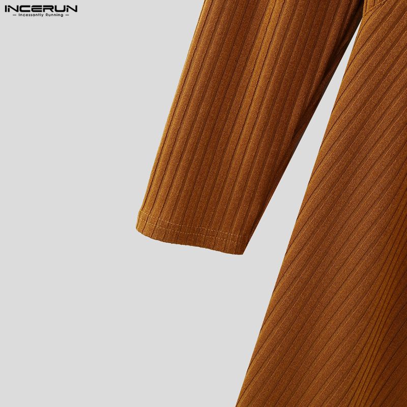 INCERUN Autumn Men Lapel V Neck Long Sleeve Long Layers Rib Casual Tops Pullovers