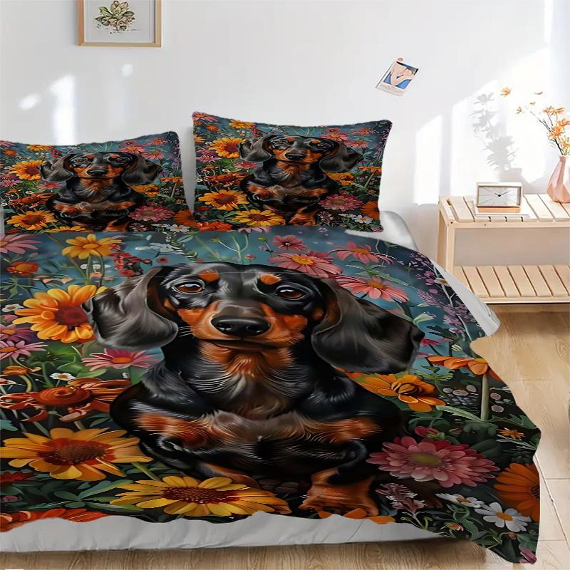 3pcs Dachshund Dog Floral Garden Bedding Set, Includes One Quilt Cover and Two Pillowcases (No Core), Anime Cartoon Design, Polyester Fabric
