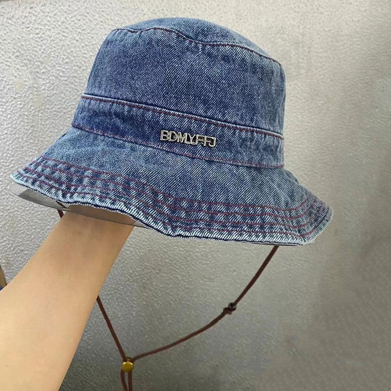 Denim Bucket Hat Women's Outdoor Camping Mountain Hat Versatile Fashion Metal Label Retro Washed Visor Men