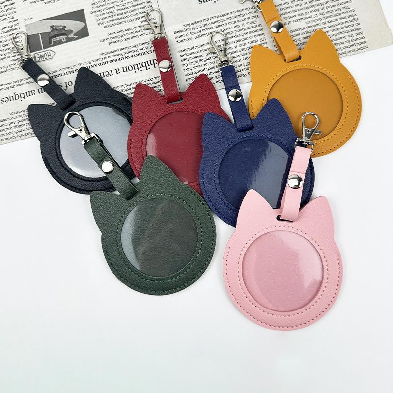 PU Leather Card Holder Cat Ear Design Cute Round Badge Reel For Work Office Travel Luggage Keychain Pendant