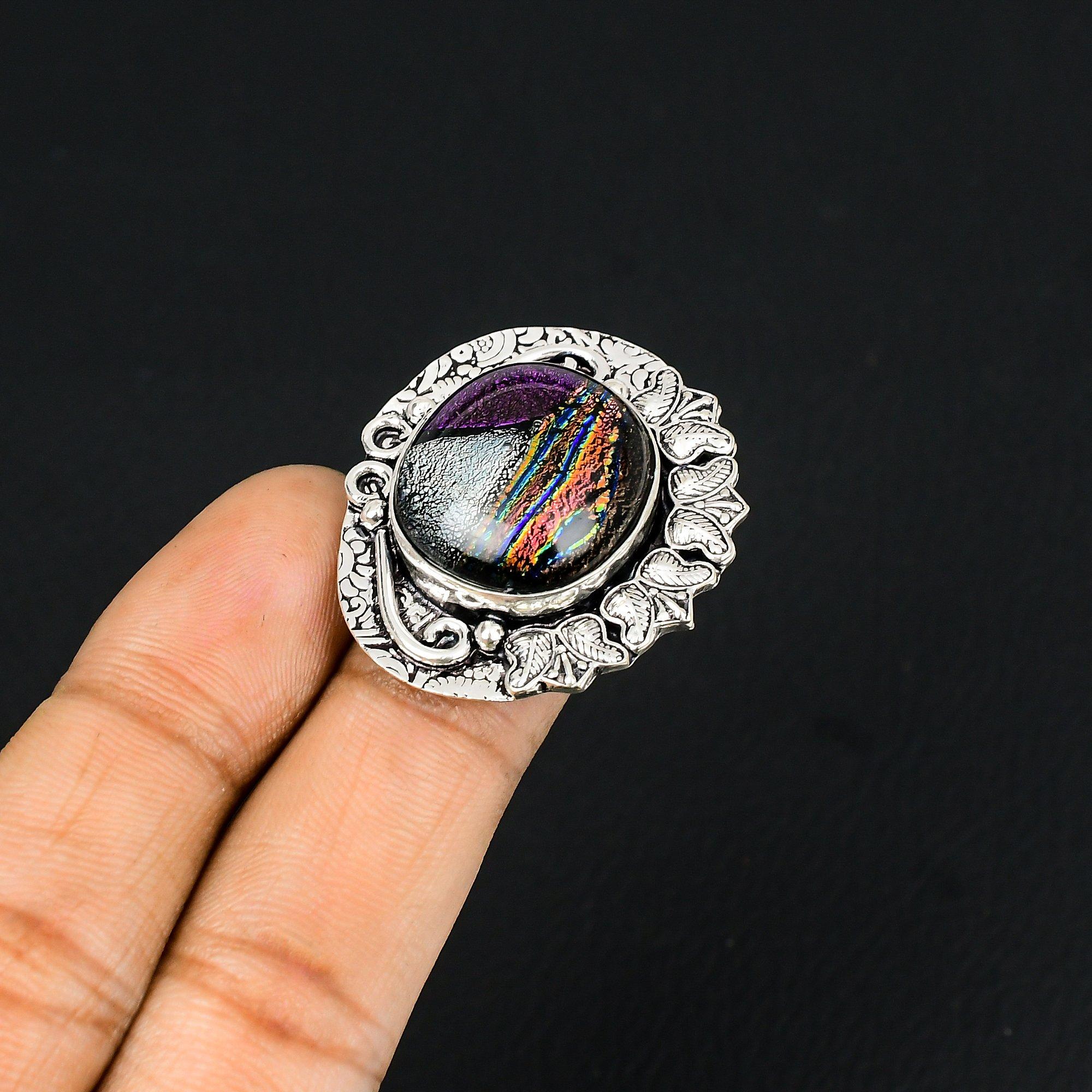 

Solitaire Ring Size 6.5 925 Silver Natural American Dichroic Glass 6.5