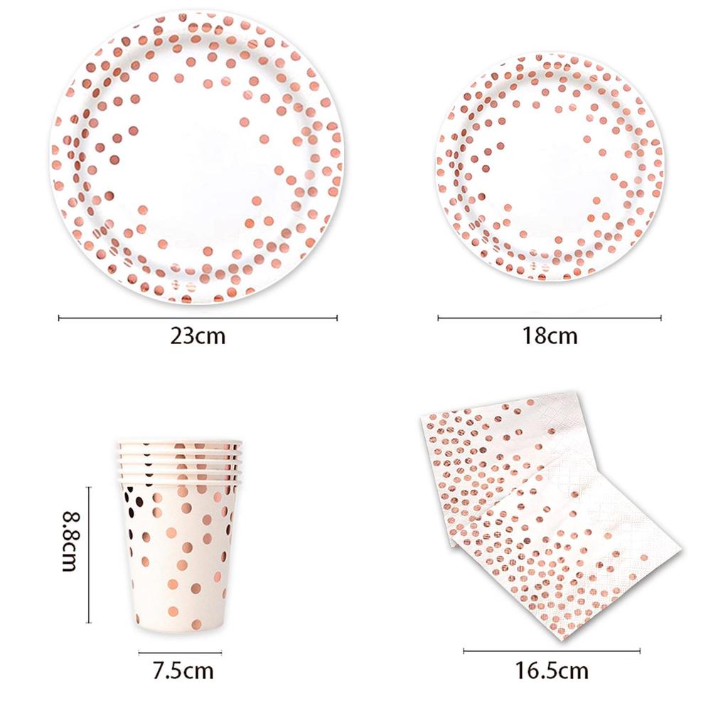 White Hot Stamping Rose Gold Polka Dot Disposable Birthday Paper Plates Set